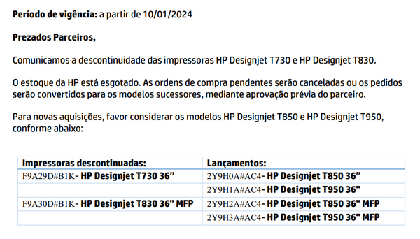 Descontinuidade: Adeus às Impressoras HP DesignJet T730 e T830